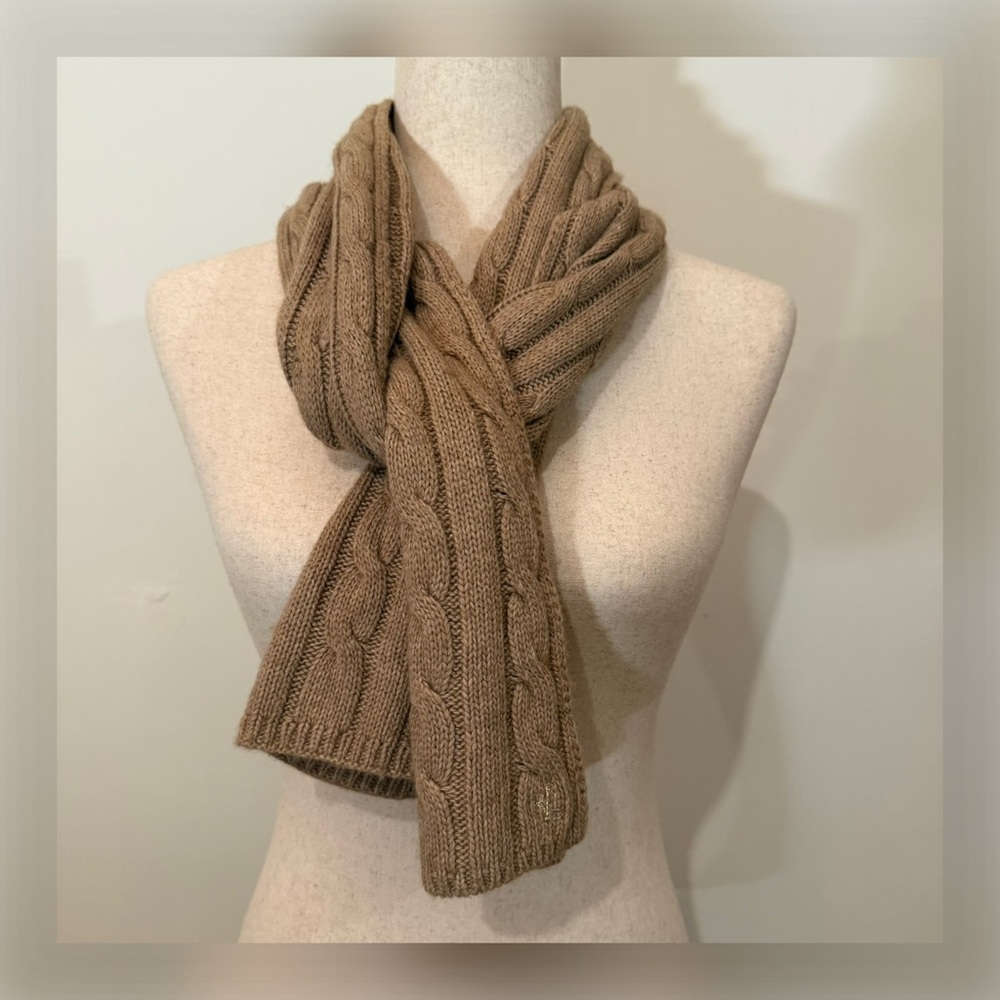 LAUREN by RALPH LAUREN Long Cable Knit Scarf in Camel Tan